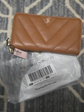 Victoria's Secret Brown Quilted Zip-Around Wallet with Gold Logo